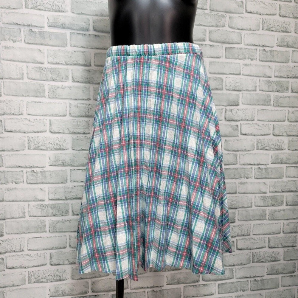 Vintage 80s Plaid Pleated‎ Skirt Womens 14 Green Pink Blue Tartan Knee Length
